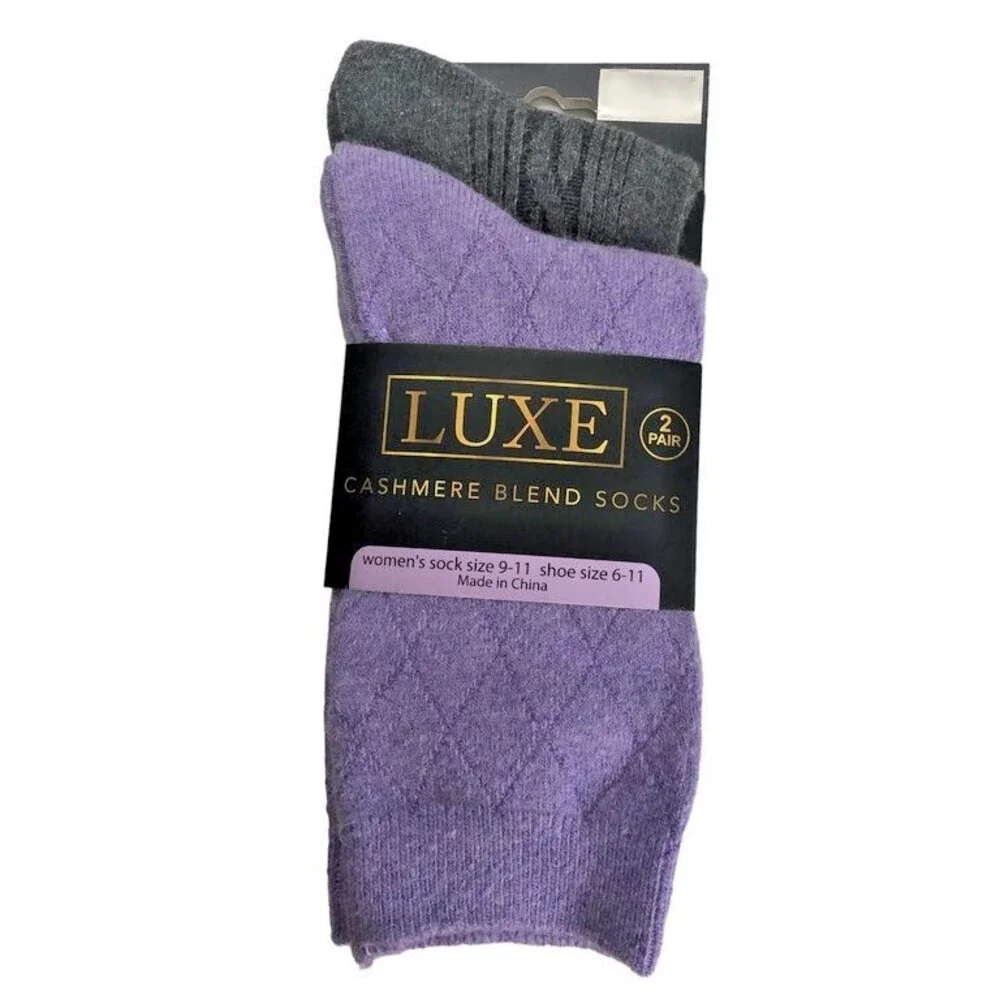 Luxe Cashmere Wool Blend Ladies Socks Diamond Pattern Purple Cable Gray 2 Pair